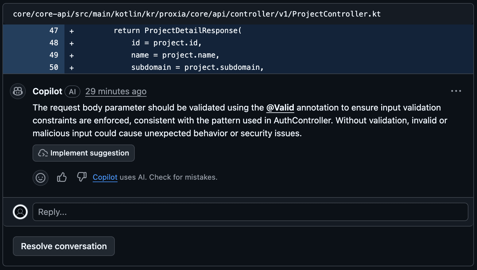 GitHub Copilot 영어 리뷰 예시
